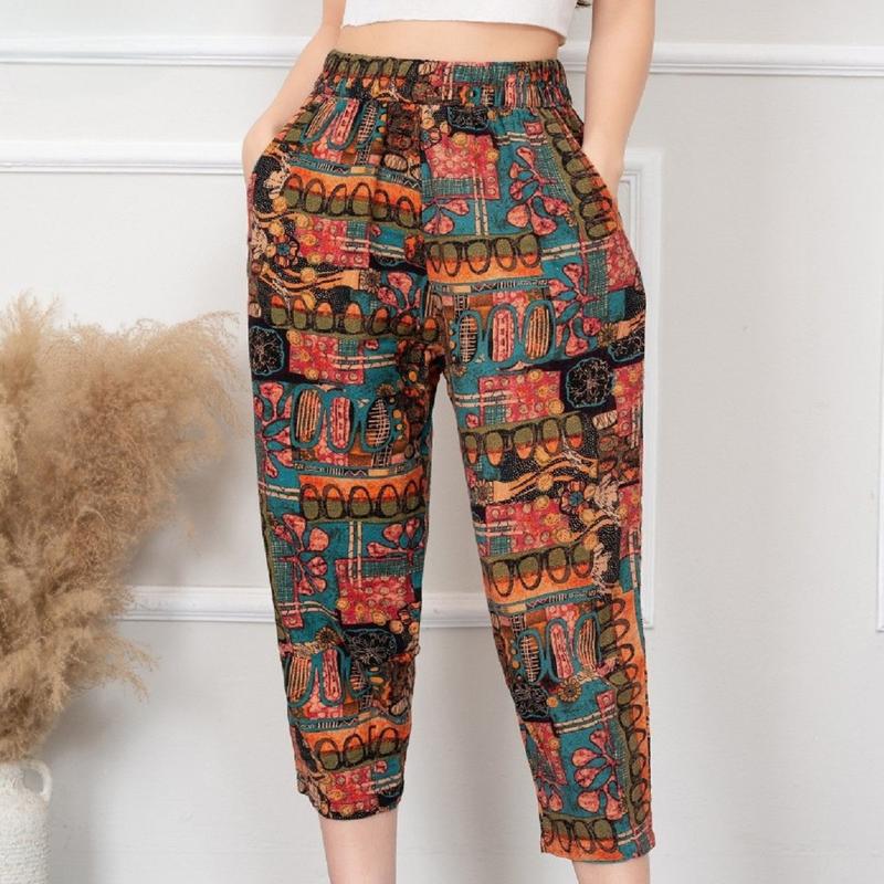 Quần Baggy Bom Lỡ Chất Linen Thô Hoa BEYO Cạp Chun Hai túi phong cách phía trước Ly Chân T542 Nữ Women Pants Khuy