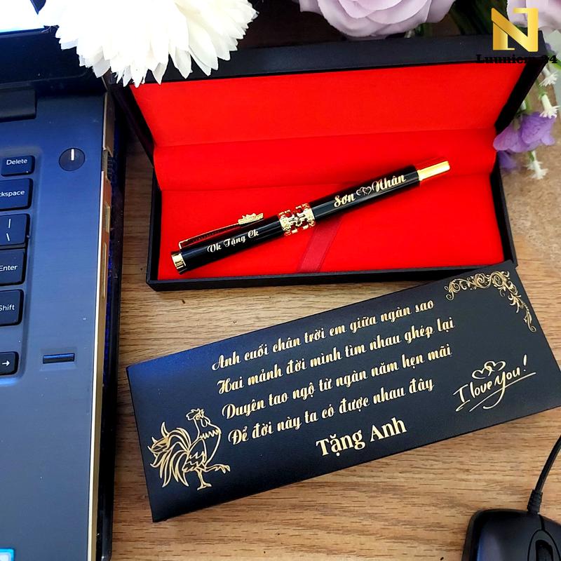 Bút ký cao cấp kim loại, viết mực nước, hộp khắc, tặng 2 ngòi bút. tặng túi