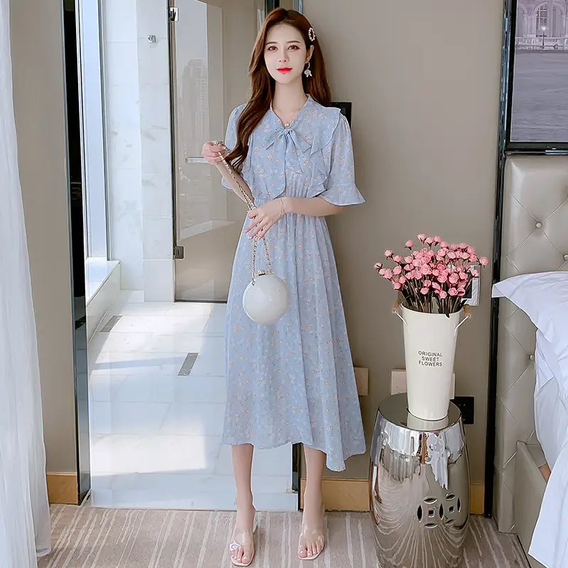 French Ruffled Pad Dyed Floral Dress Women's Short Sleeve Summer New Waist-Controlled Lace-up Base Dress