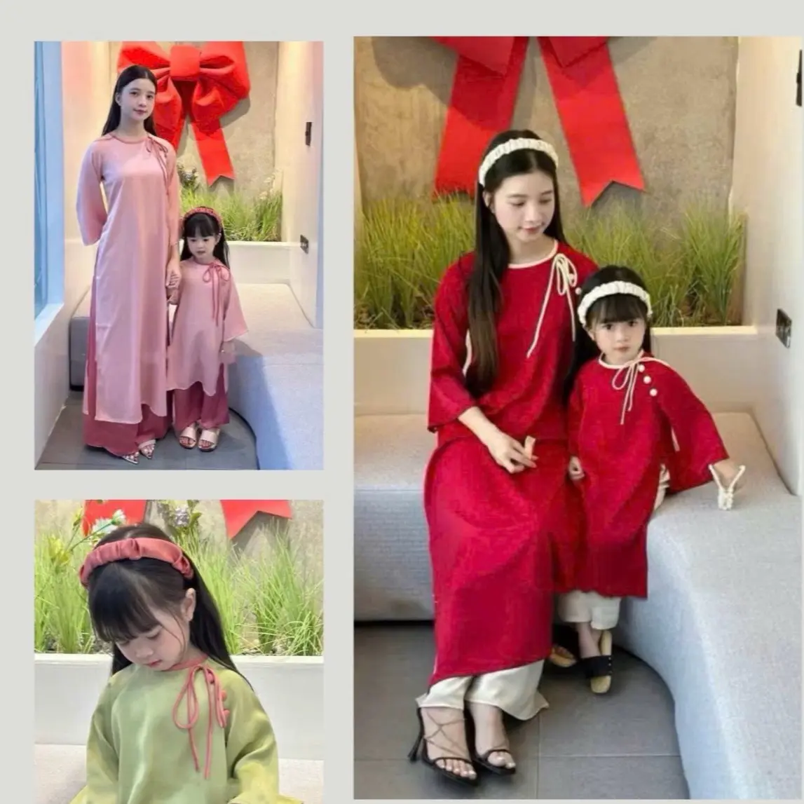 Set áo dài tết cổ phối đính nơ cho mẹ và bé, set áo dài cách tân cổ phối đính nơ cho mẹ và bé tặng bờm cho bé Nữ Women Top
