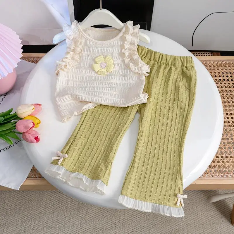 Bộ Hai Mảnh Cho Bé Gái Và Trẻ Sơ Sinh, Áo Thun Ba Lỗ Không Tay Hoa 3D Mùa Hè, Quần Ống Loe Cotton Mềm Ngọt Ngào, 3 Tuổi