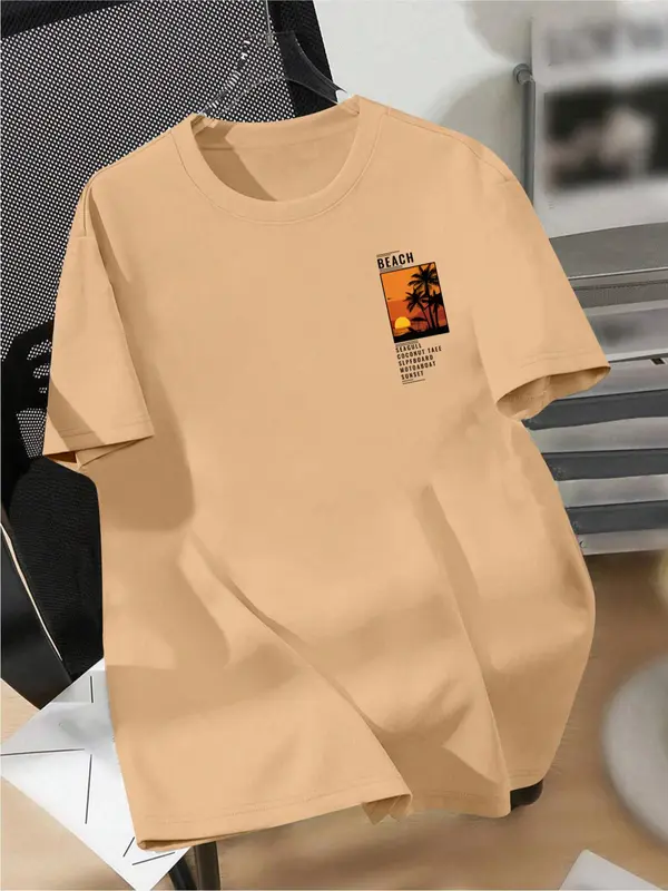Men's Regular Fit Beach Print Round Neck Tee, Casual Short Sleeve Crew Neck T-Shirt for Summer, Fashion Men's Top for Daily Wear, Tropical 7