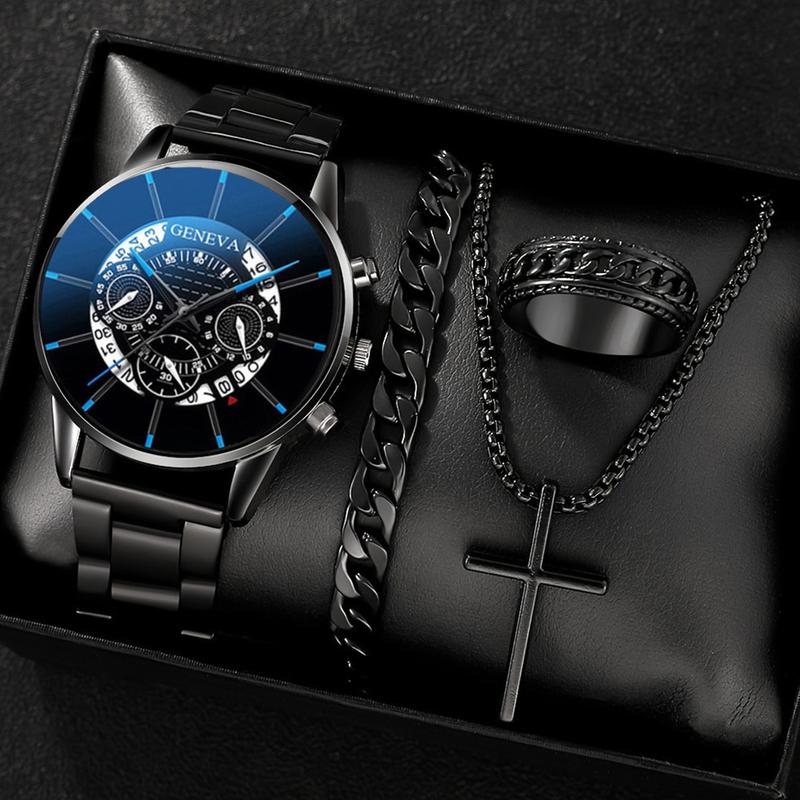Natural Jewelry Fashion Casual Elegant Business Wristwatch + Versatile Cross Steel Band Necklace Bracelet Set Simple Fashion 7