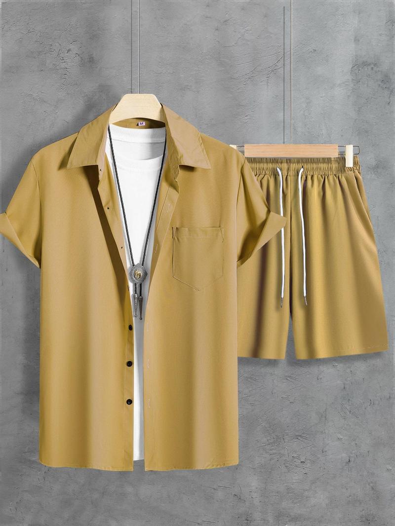 Product Introduction of Men's Solid Color Short Sleeve Shirt & Drawstring Waist Shorts Two-piece Set, Casual Button Up Top & Pocket Shorts, Summer Outfits Clothes Set for Men 7