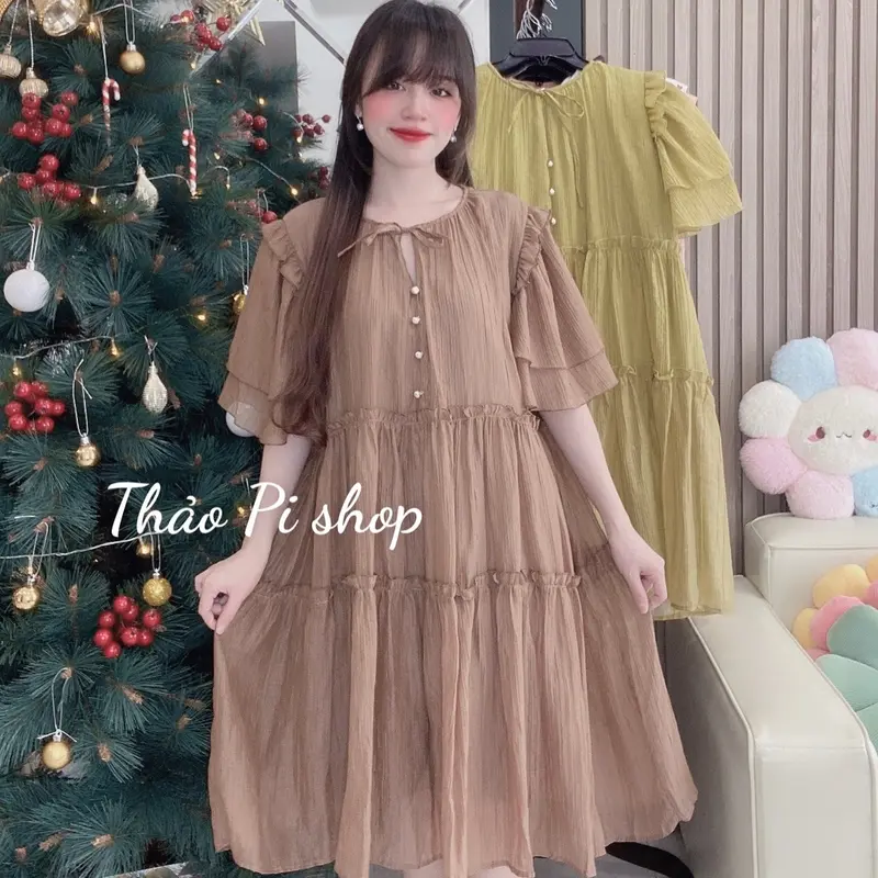 Đầm babydoll Nữ dáng suông rộng tay phồng phối nút siêu đẹp - M8 2