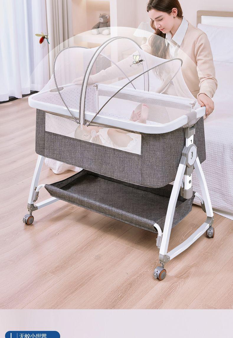 Product Introduction of Foldable Aluminum Alloy Baby Crib Movable Multifunctional Newborn Bassinet European Babies' Bed Stitching Big Bed 9