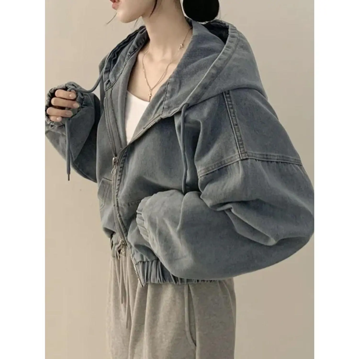Áo Khoác Denim, Ngắn, Thời Trang Nữ, Phong Cách Cổ Điển Dáng Rộng Vừa Vặn, Thường Ngày, Dễ Phối Đồ, Thiết Kế Dây Kéo, Có Mũ Trùm Đầu, Bên Ngoài, Áo Dài Tay Women Nhung Top Jacket Kem