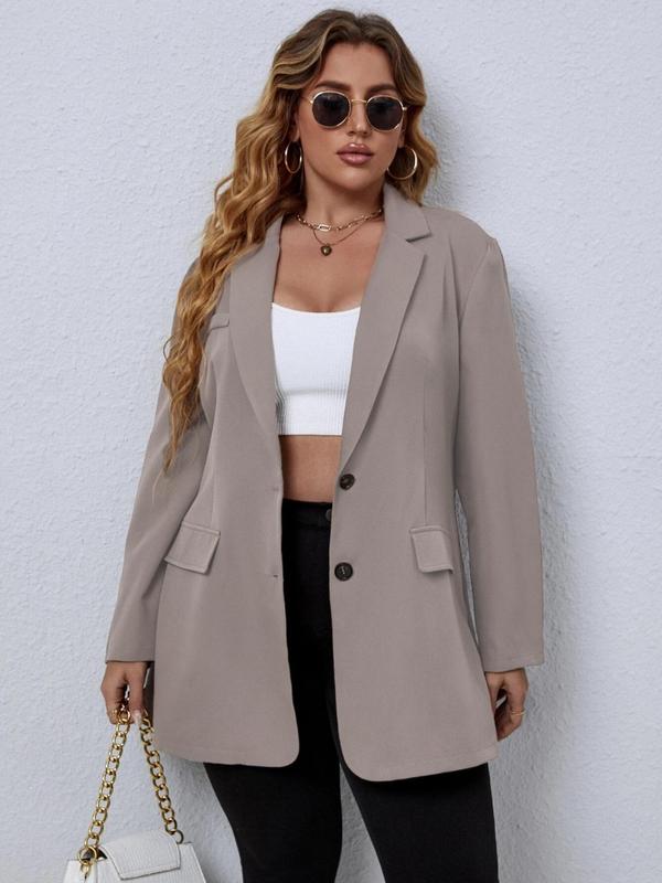 Plus Size Women's Solid Color Pocket Button Front Blazer, Plus Casual Long Sleeve Lapel Neckline Blazer for Spring & Fall, Coats for Women, Women's Plus Clothes for Daily Wear 6