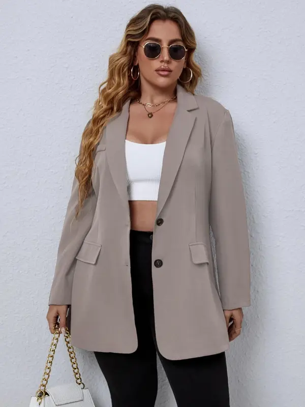 Plus Size Women's Solid Color Pocket Button Front Blazer, Plus Casual Long Sleeve Lapel Neckline Blazer for Spring & Fall, Coats for Women, Women's Plus Clothes for Daily Wear 6