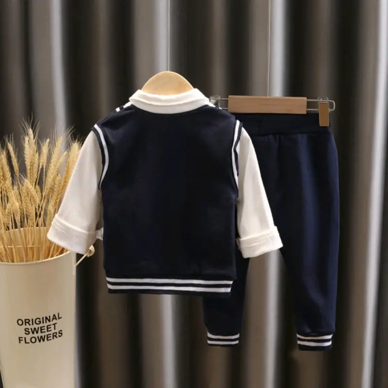 Baju bayi Cowok 6 12 bulan 1 2 3 Tahun Kemeja Lengan Panjang Set Rompi Navy biru Katun Bunda Laki-Laki Parsel Blue 5