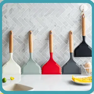 Sekop Memasak, Spatula Silikon Lebar untuk Memasak Pizza, Tepi Miring Berwarna Melindungi Dasar Panci Peralatan Dapur Daging Sapi Telur