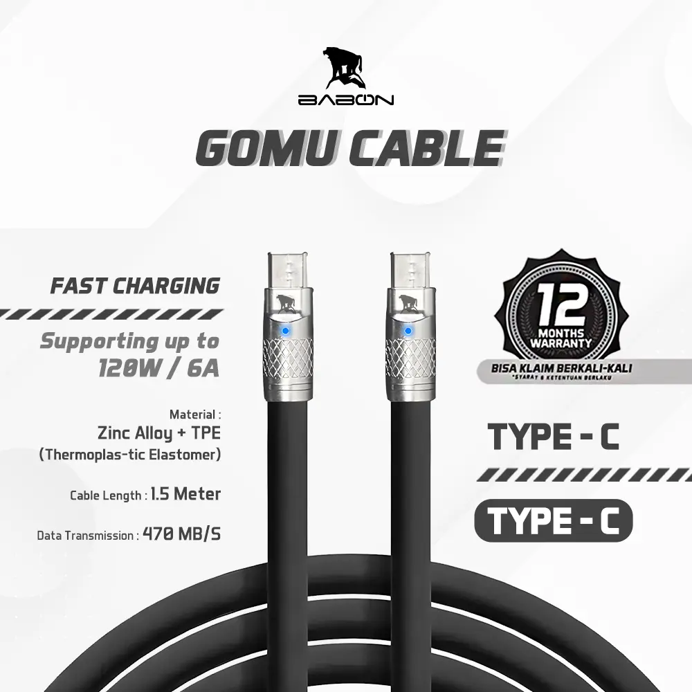 BABON KABEL DATA - KABEL CHARGER GOMU TYPE C TO TYPE C Cable Ponsel Gadget