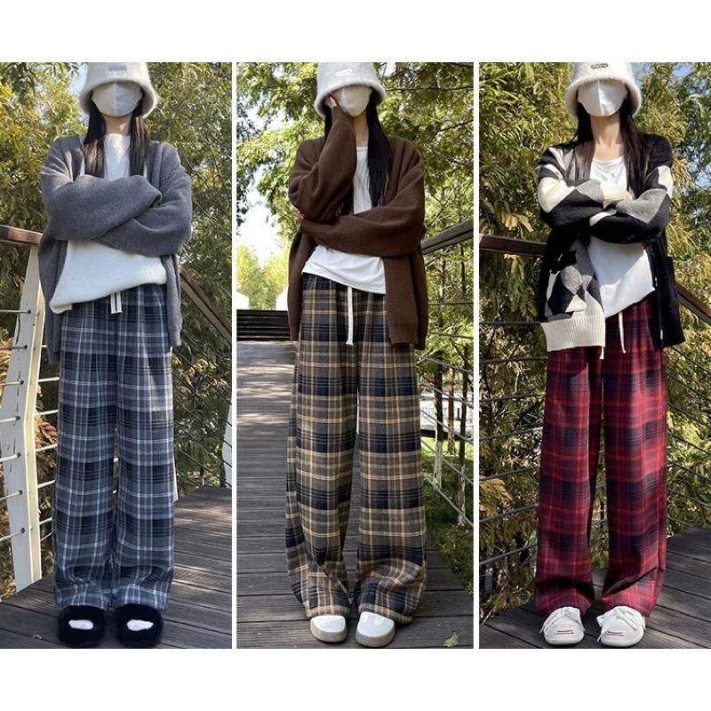 Quần Kẻ Ống Rộng Dây Rút Vải Dầy Dặn Mềm Mại Lưng Chun Co Giãn Quần Kẻ Caro Form Rộng Ulzzang Nữ Women