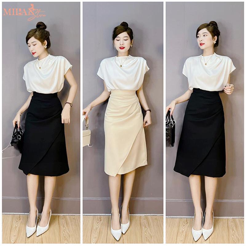 Chân váy dài qua gối nhún eo vạt lệch chéo phong cách Hàn Quốc sang chảnh dáng chân váy công sở dài vải dày mặc hẹn hò tiệc duyên dáng
