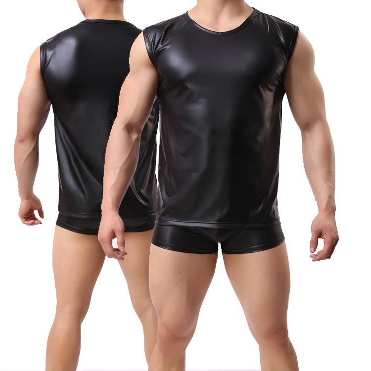 Product Introduction of New Men's Faux Leather Vest Comfortable round Neck Patent Leather Wide Shoulder Sleeveless Black Summer Hot-Selling Style inside Yiku Menswear Tops 2