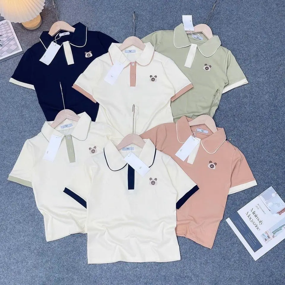 Áo cổ trụ nữ thêu đầu Cún , chất cotton Borip co giản 4 chiều  dáng ôm vừa ngắn tay - Mã Cổ Trụ thêu đầu cún dể thương