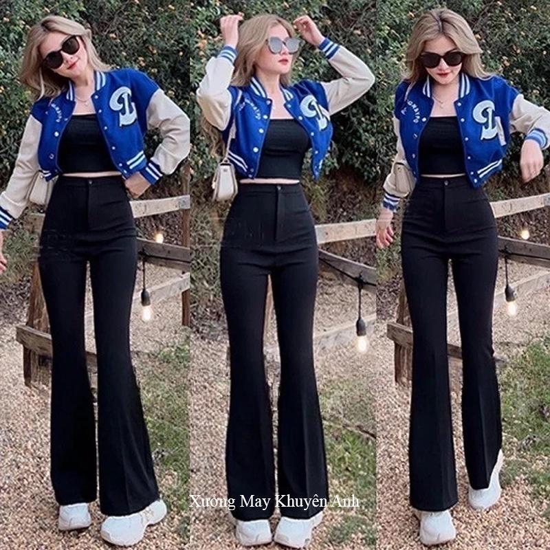 Quần ống loe 1 khuy nữ đi học làm công sở hẹn hò cạp cao hack dáng màu Đen dáng quần tây nữ ống loe lưng cao vải tuyết mưa dày mềm