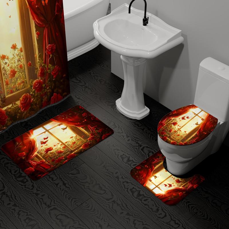 Product Introduction of Romantic Rose Pattern Bathroom Decor Set, 2 Counts Shower Curtains/1/2 Sets Shower Curtain & Toilet U-shape Mat & Rectangular Mat & Toilet Lid Cover Set, Bathroom Decor Supplies for Home Dormitory Salon Hotel 3