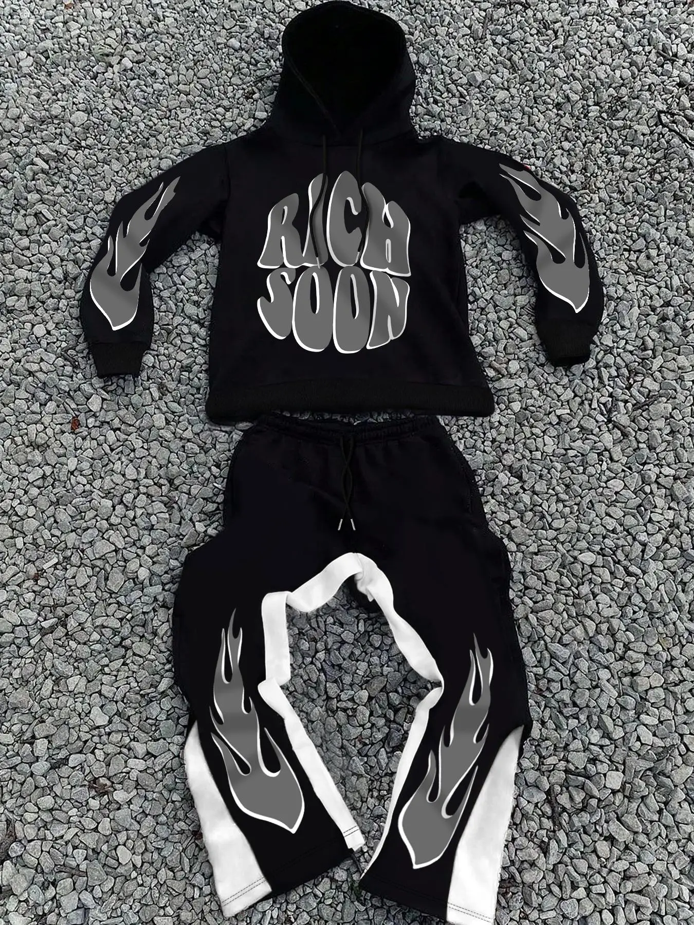 Two-piece Set Men's Fire and Letter Print Drop Shoulder Hoodie & Elastic Waist Sweatpants, Regular Fit Casual Fashion Cozy Breathable Two Piece Outfits for Daily Workout Running, Men's Clothes for Fall & Winter Mens Paris Tracksuit, Co-ord Sets