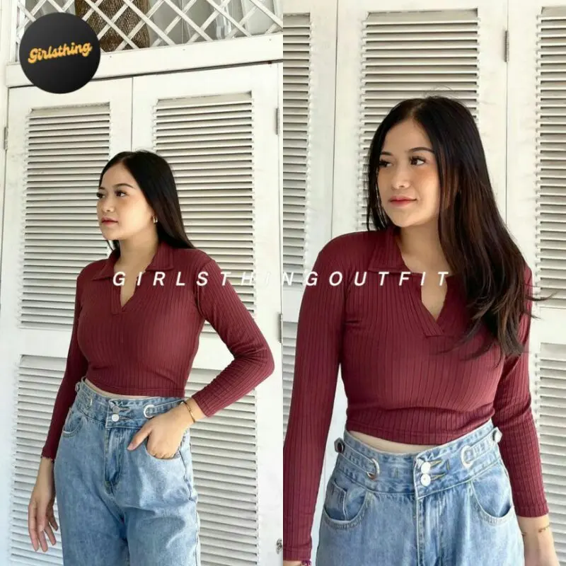 Polo - JESSIE TYPE 2 PANJANG - Atasan Crop Berkerah - Crop Top - Rib Kerah - Atasan Wanita - Fashion Wanita