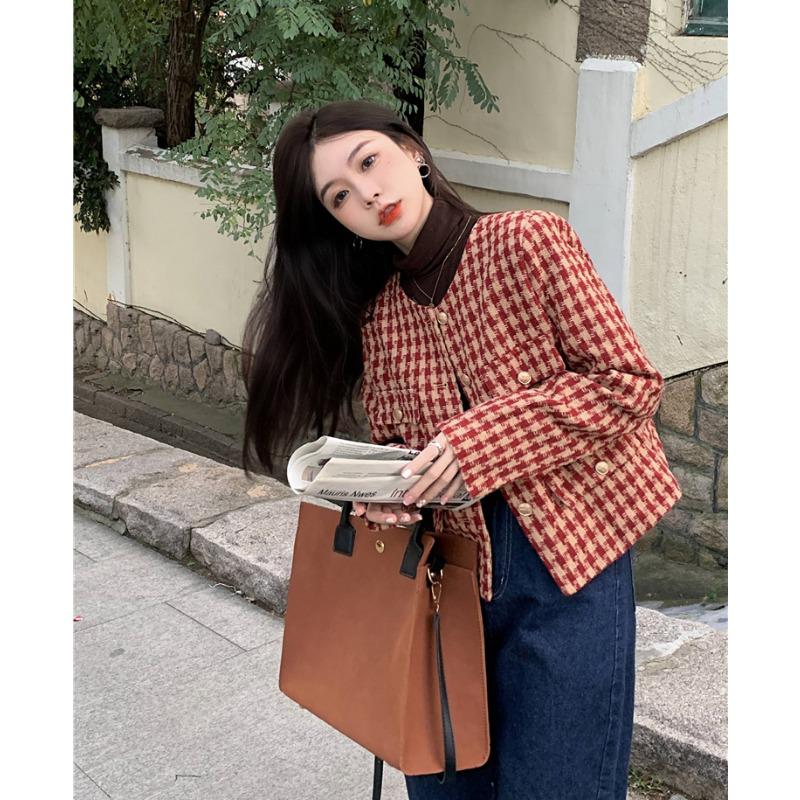 Áo khoác dạ tweed nữ dài tay AP.351, Áo kiểu dáng ngắn túi nắp họa tiết kẻ caro 2 màu sang chảnh - Shop Chấm Bi