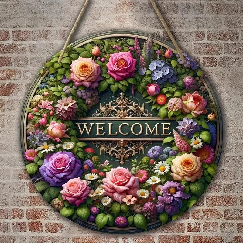 Floral Pattern Welcome Door Hanger, Creative Round Wooden Hanging Sign, Decorative Door Hanger for Home Garden Party Wedding, Hangable