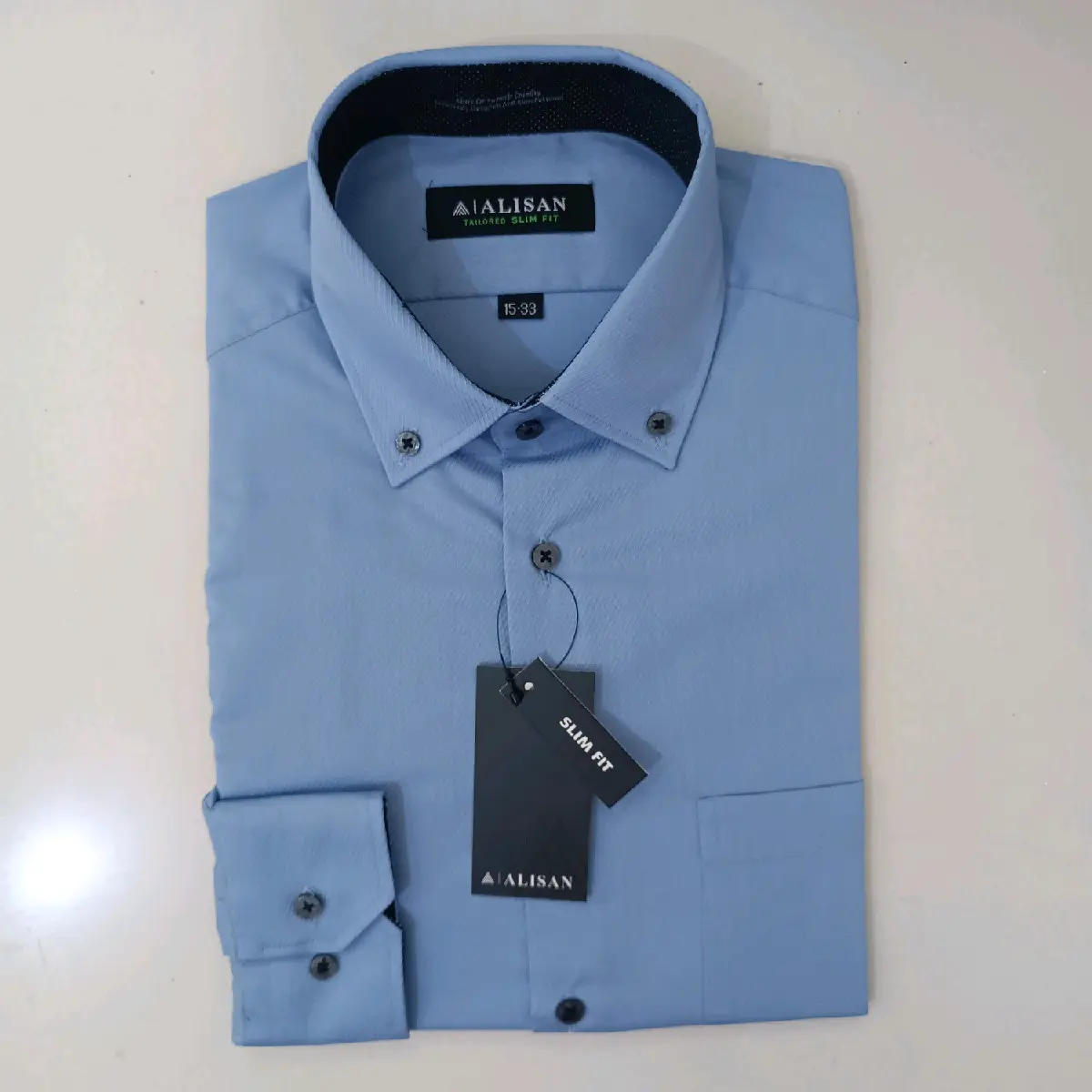 Alisan Kemeja Pria Dobby Biru2 Dalam Bintik Kerah Kancing Lengan Panjang Slimfit