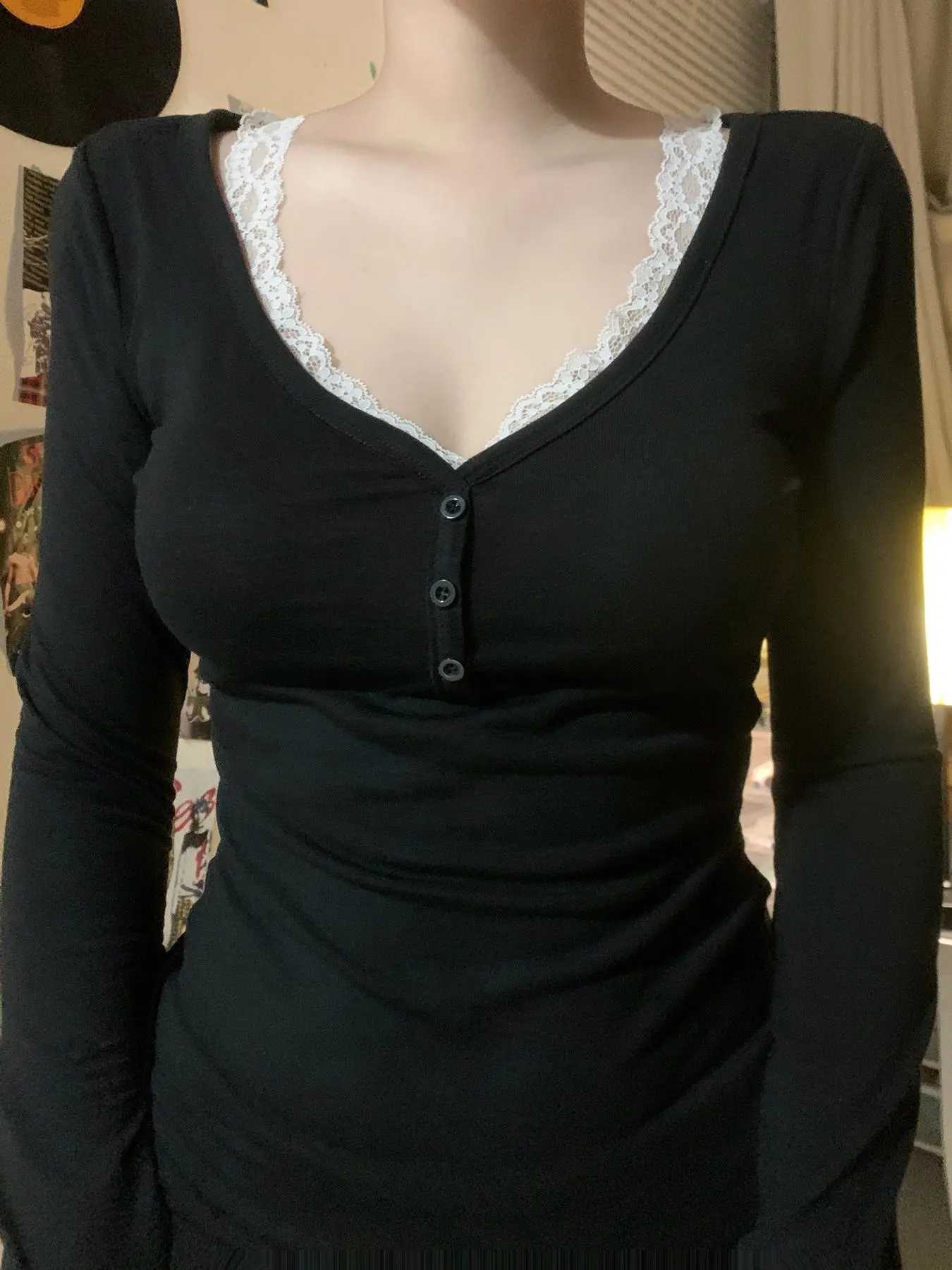 Women's Plain Lace Trim Ribbed Tee, Casual Long Sleeve V Neck T-shirt for Fall & Winter, Women's Clothing for Daily Wear