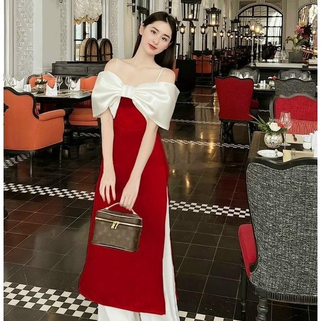  Áo Dài Cách Tân 2 Dây Trễ Vai phối Nơ Trước Ngực Nữ Dress 