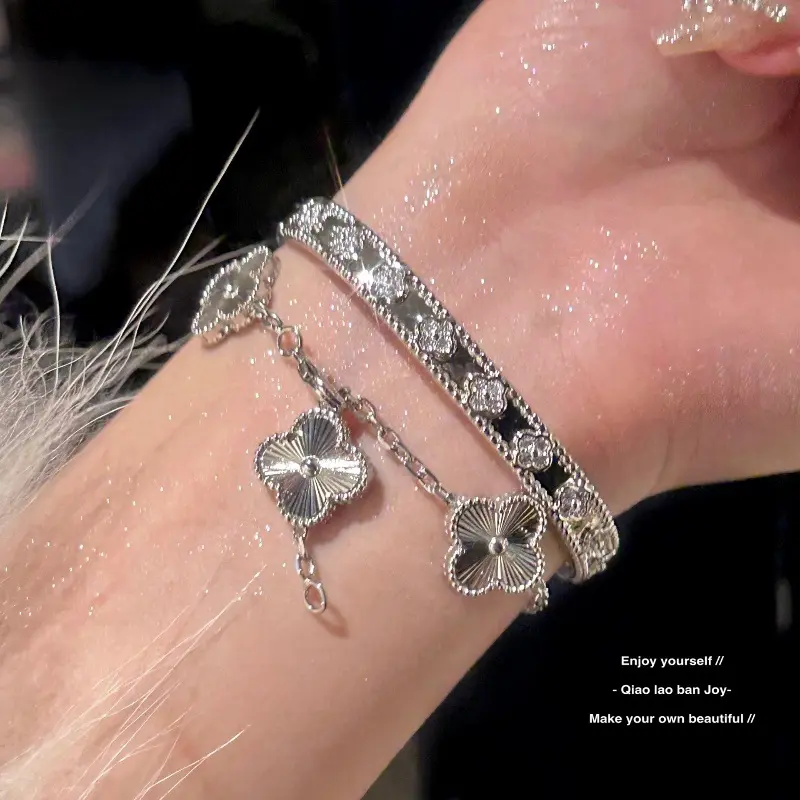 Four-Leaf Bracelet Kaleidoscope Bracelet Silver Rhinestone Simple High-End Light Luxury Trendy Open-Ended Bracelet Versatile High-End Sense