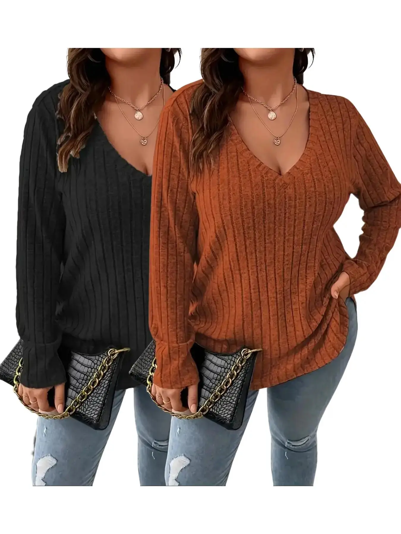 Plus Size Solid Long Sleeve Tee, Casual Comfy V Neck Top for Fall Daily Outdoor Wear, Women Plus Clothing for Fall, Fall Outfits 2024