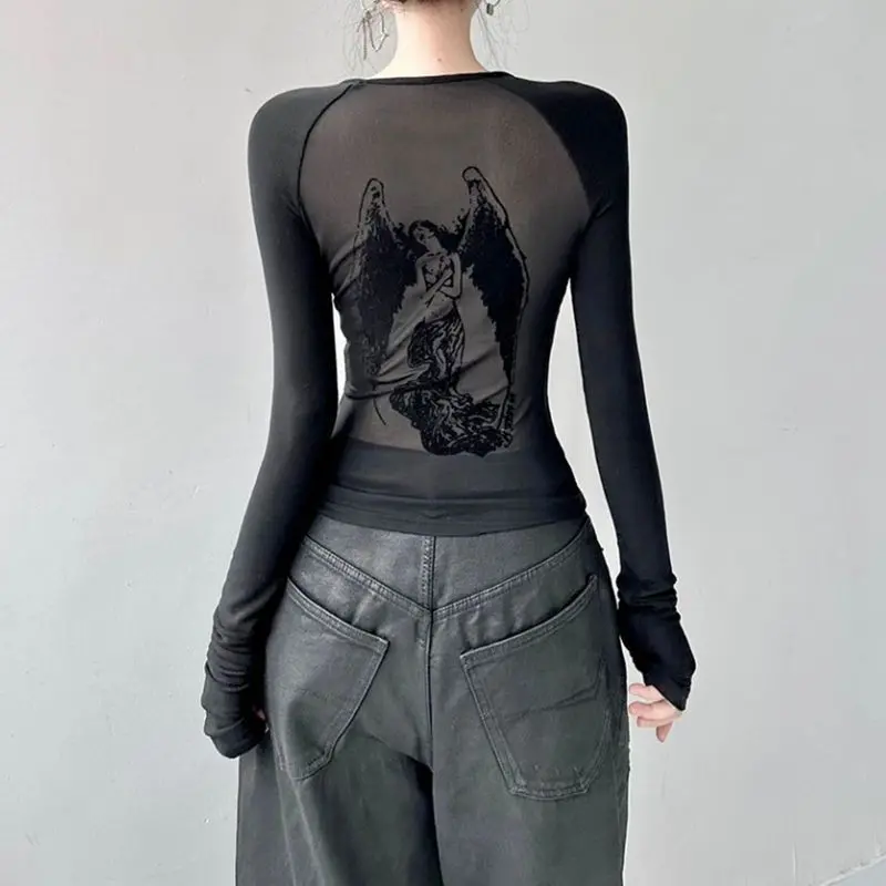 Áo Thun Dài Tay Lưới In Hình Thiên Thần, Dành Cho Nữ, Phong Cách Hàn Quốc Mùa Thu, Ôm Sát, Ngắn, Áo Bên Trong Gợi Cảm, Ngọt Ngào, Bán Chạy