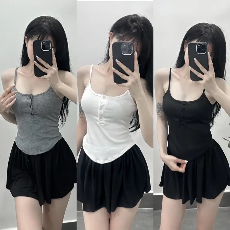 Áo 2 dây dáng vạt bầu phối cúc ngực siêu tôn dáng Nữ Top Nhung
