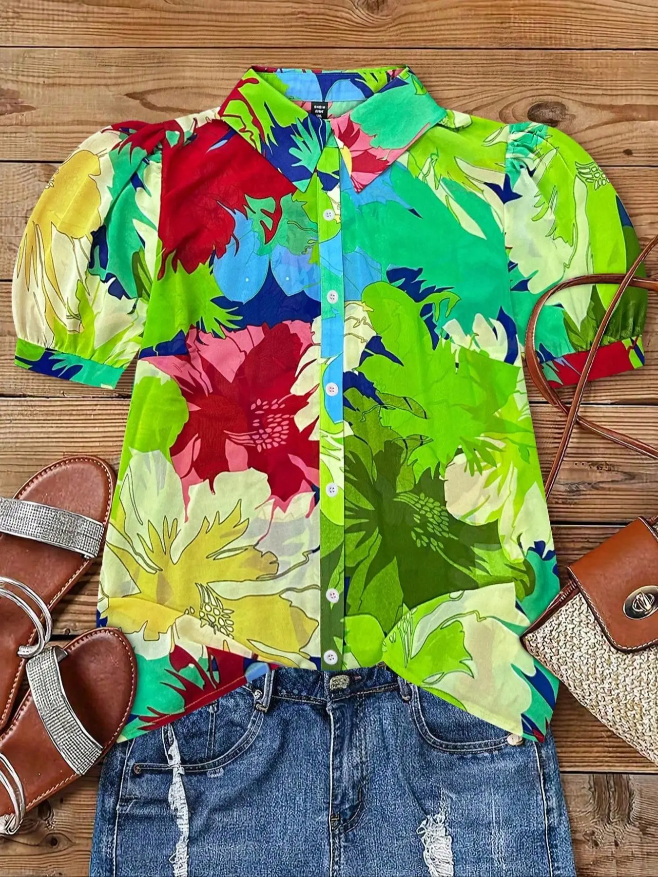 【Plus Size】 Floral Print Button Shirt, Casual Short Sleeve Collared Top for Summer, Women's Clothes for Daily Wear