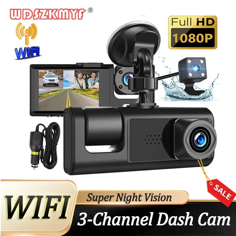 Camera hành trình 3 kênh 1080P cho xe Camera ghi video WiFi Camera quan sát phía trước và phía sau kép Tầm nhìn ban đêm cho ô tô Phụ kiện ô tô