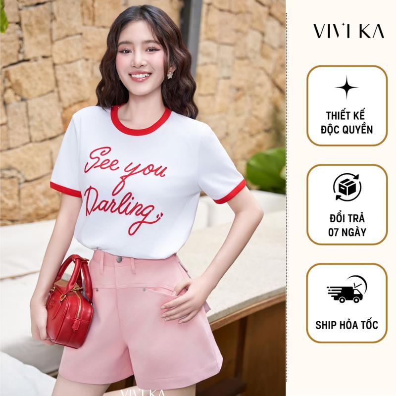 VIVIKA - Áo thun cổ tròn chữ thêu, Quần short dáng A túi sau đắp hộp - VKAO00510 VKQS00414 Nữ Women Top Cotton 0