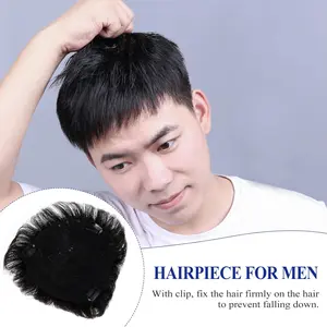Wig Pria, Wig Rambut Manusia Wig Klip Kerucut Pengganti Mulus Tambalan Botak Pria Tak Terlihat untuk Pakaian Sehari-hari Hitam