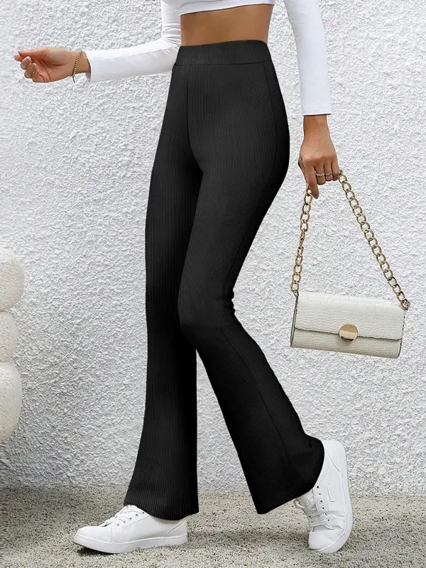 Women's Solid Color Flare Leg Pants, Casual Comfy High Waist Bell Bottom Trousers for Daily Wear, Ladies Bottoms for All Seasons 6