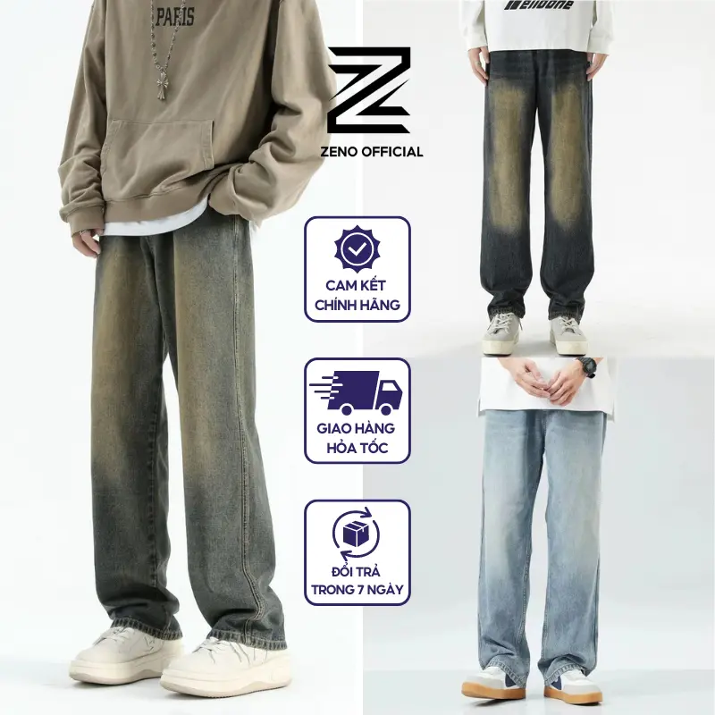 Quần bò jean baggy nam dài ống rộng nam nữ màu retro dáng suông phong cách hàn quốc Zeno Menswear Pants Có Túi