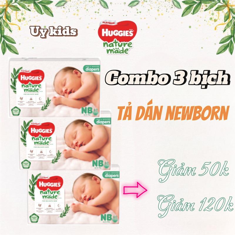 Combo 3 bịch tả bỉm Dán Newborn HUGGIES PLATINUM NATURE MADE 60 miếng + bé dưới 5kg Cho Bé