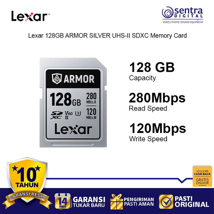 Gambar Lexar 128 GB Armor Silver UHS II V60 U3 Class 10 SDXC Memory Card 128GB Read Speed 280 MB/s Write 120 Mbps dari Sentra Digital Kota Surabaya Tokopedia