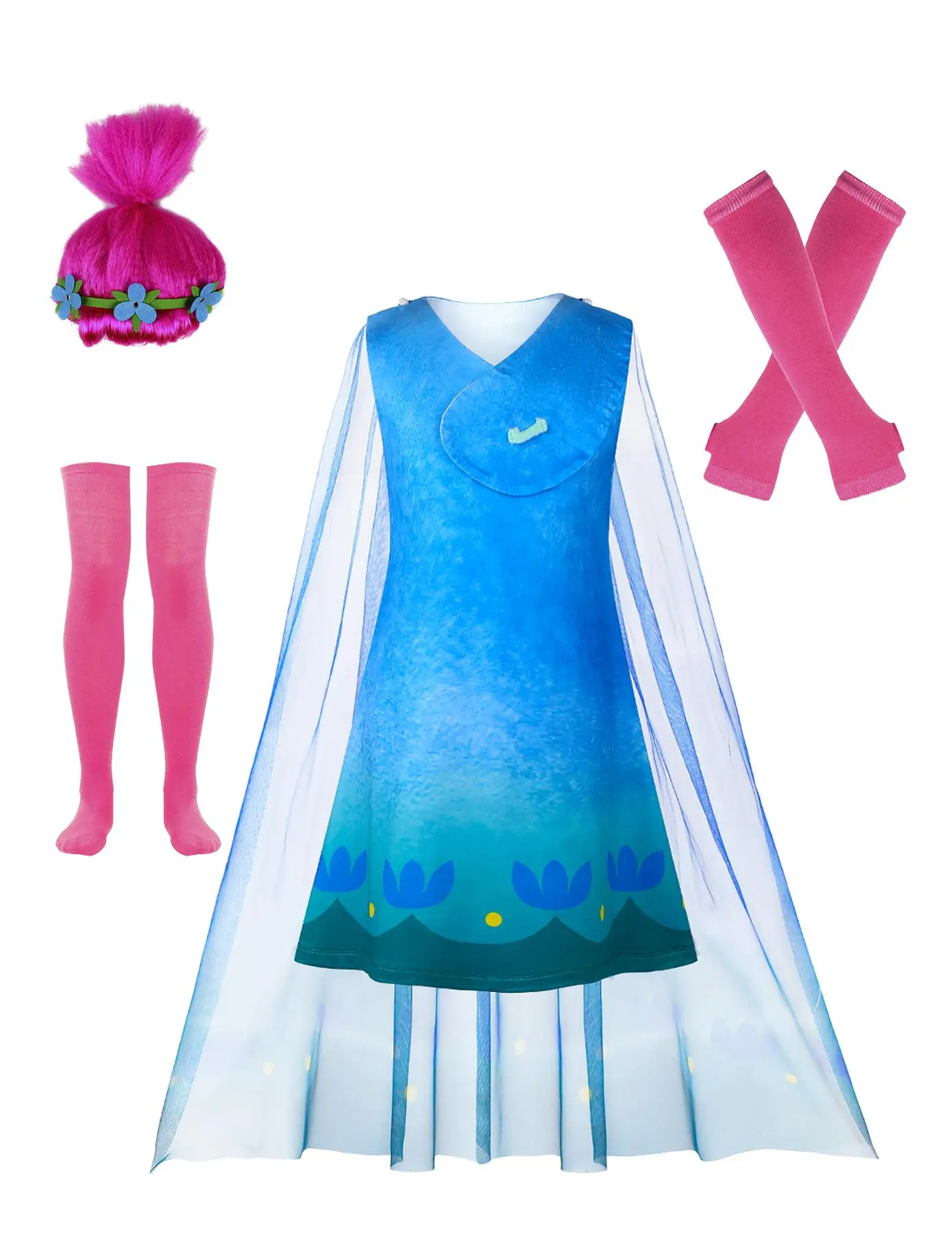 Girl's All Over Print Contrast Mesh Cape Dress with Wig & Gloves & Socks, Cosplay Costume for Kids, Kids Clothes for All Seasons