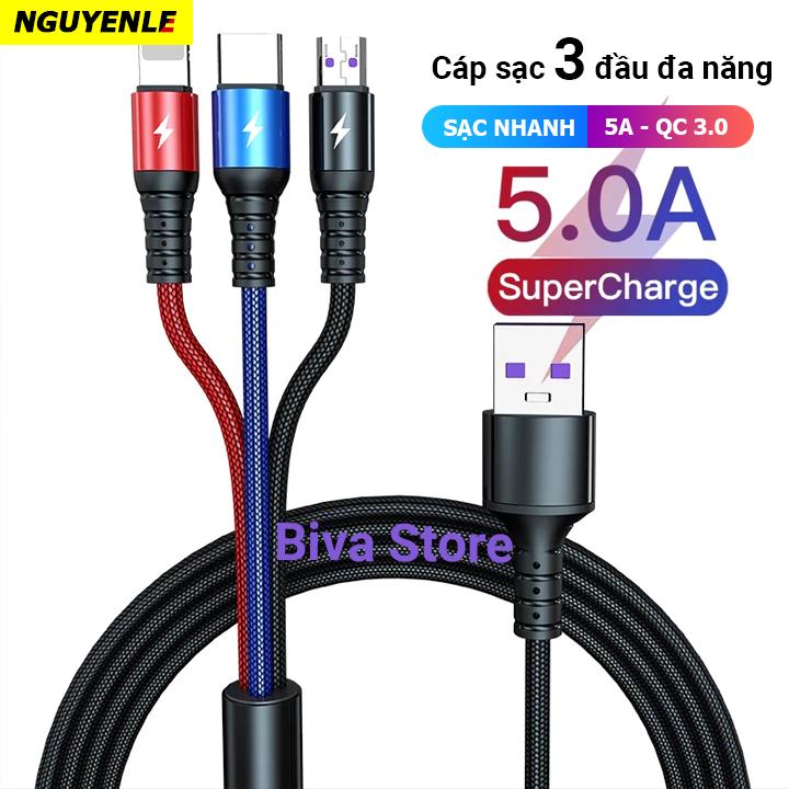 Cáp sạc nhanh 3 đầu đa năng 6A QC 3.0 18W 2024 Phụ Kiện Sạc Điện Thoại Usb 1