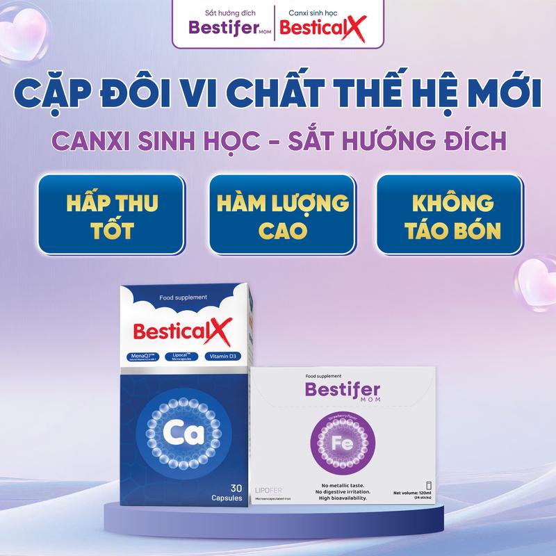 COMBO Canxi Bestical X (30 Viên) và Sắt Bestifer (24 Gói) - Canxi, Sắt Cho Mẹ Bầu; Bổ Sung Canxi, Vitamin D3 K2, Sắt, Hỗ Trợ Lợi Sữa, Phục Hồi Sức Khỏe Sau Sinh, Nhập khẩu từ Châu Âu