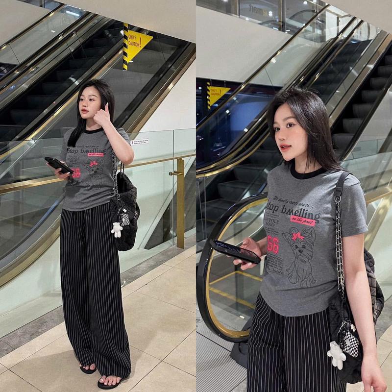 Set Đồ Bộ  Nữ Áo Thun Cotton Tici Mix Quần Dáng Suông Kẻ Sọc Cực Dễ Phối Đồ THời Trang Gọn Dáng (45-80)KG