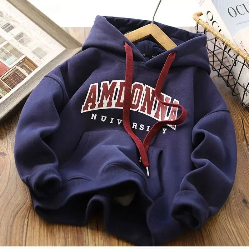 Áo Nỉ Hàng Ngày Ấm Áp, Cho Bé Trai, Thời Trang Thu Đông, Áo Hoodie Trẻ Em, Quần Áo Có Mũ Trùm Đầu Thường Ngày Cho Trẻ Em Và Thanh Thiếu Niên, In Chữ, Thích Hợp Cho Bé Trai 3