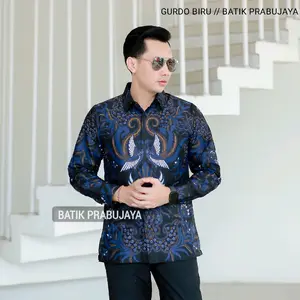 GURDO BIRU Baju Batik Pria Lengan Panjang Motif Modern Premium Reguler Fit Lapis Furing Bahan Kain Katun Lembut Biru Navy