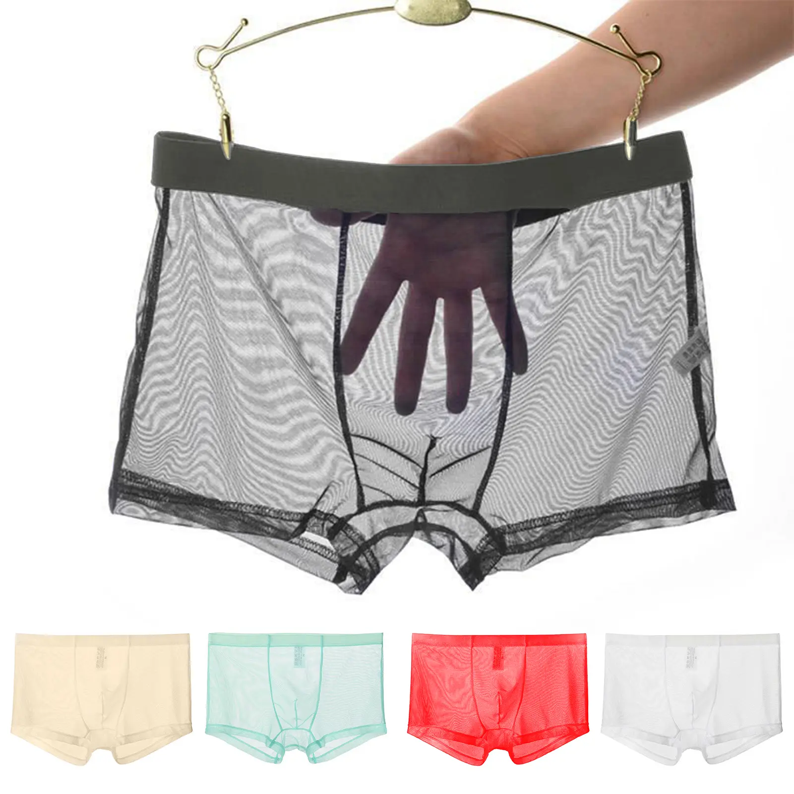 Quần Đùi Lưới Co Giãn Thoáng Khí Cho Nam, Quần Lót Lụa Lạnh Cạp Thấp, Làm Mát, Chống Nhiễm Trùng, Nhìn Xuyên Thấu, Đồ Lót
