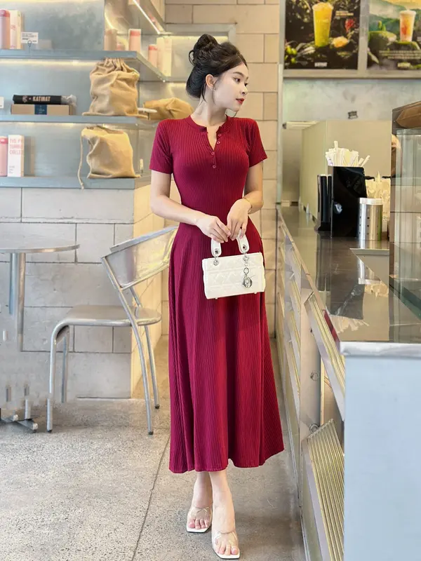D-13 Đầm gân Đũa Dáng Xoè Dài, Tay ngắn Có Nút  Sang Chảnh Nữ 2