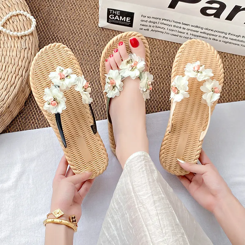 Lenbychia - [Sẵn size] Dép cói nữ xỏ ngón đính hoa xinh xắn - ứng dụng cao, đi làm, văn phòng, đi dạo, đi biển